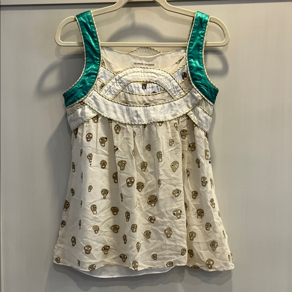 Tsumori Chisato Japanese White Teal Skull Print sleeveless silk and satin blouse